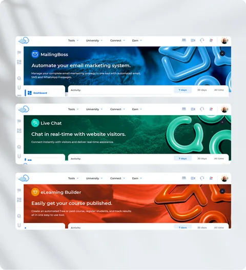 Banners de cabeçalho dos apps MailingBoss, Live Chat e eLearning Builder