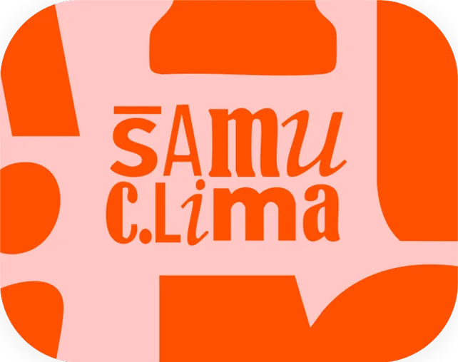 Logotipo Samu Clima em laranja sobre rosa, cercado por formas abstratas marcantes