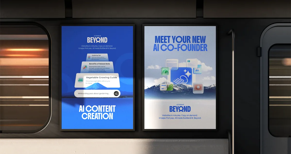 Pôsteres no metrô: “AI Content Creation” e “Meet your new AI co-founder”
