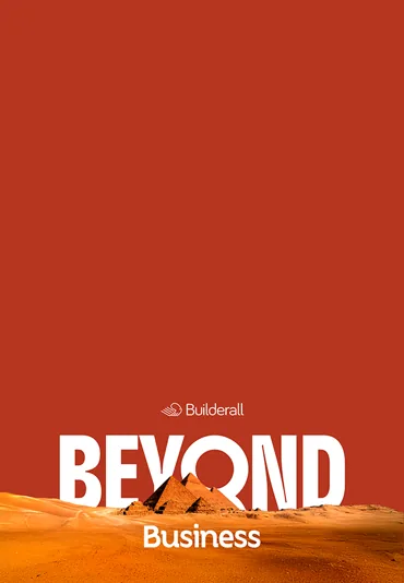 Pôster BEYOND Business: pirâmides do Egito no deserto, fundo vermelho
