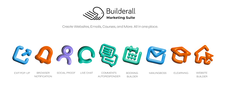 Conjunto de ícones 3D da Builderall: exit pop-up, live chat, MailingBoss, eLearning e mais