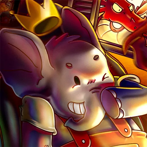 Detalhe: Semi, o elefante de coroa, sorrindo na cadeira gamer