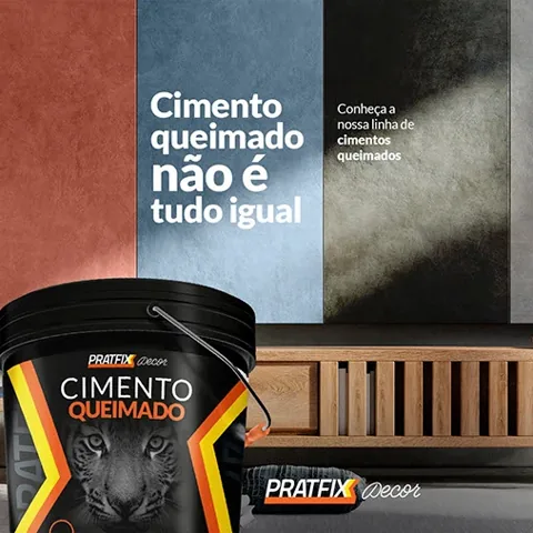 Post da Pratfix Decor “Cimento queimado não é tudo igual”: balde do produto e paredes coloridas