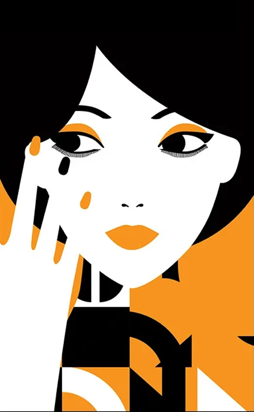 Ilustração chapada de uma mulher de cabelo chanel preto, lábios e unhas laranja