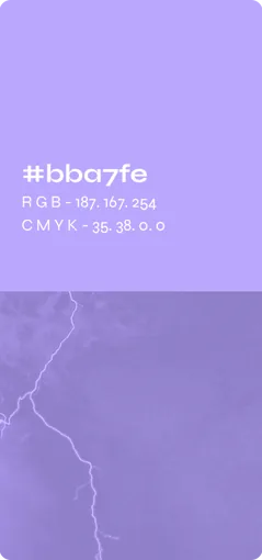 Cartão de paleta: lilás #bba7fe sobre um céu com raios