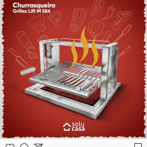 Post da Solucasa: churrasqueira de inox Grillex Lift M 584 sobre fundo vermelho