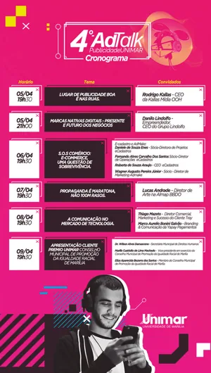 Story com a programação do 4º AdTalk Publicidade Unimar: palestras e convidados