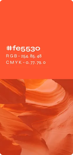 Cartão de paleta: laranja #fe5530 sobre rochas de cânion
