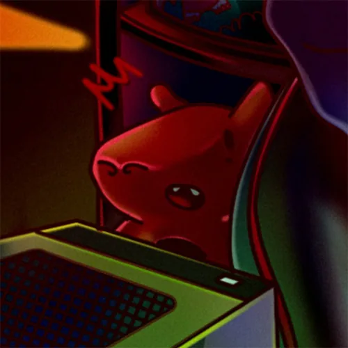 Detalhe: dragão vermelho espiando atrás de um gabinete de PC iluminado