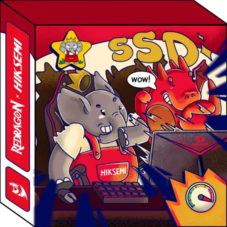Primeira versão da caixa: elefante e dragão reagindo ao SSD com um “WOW!”