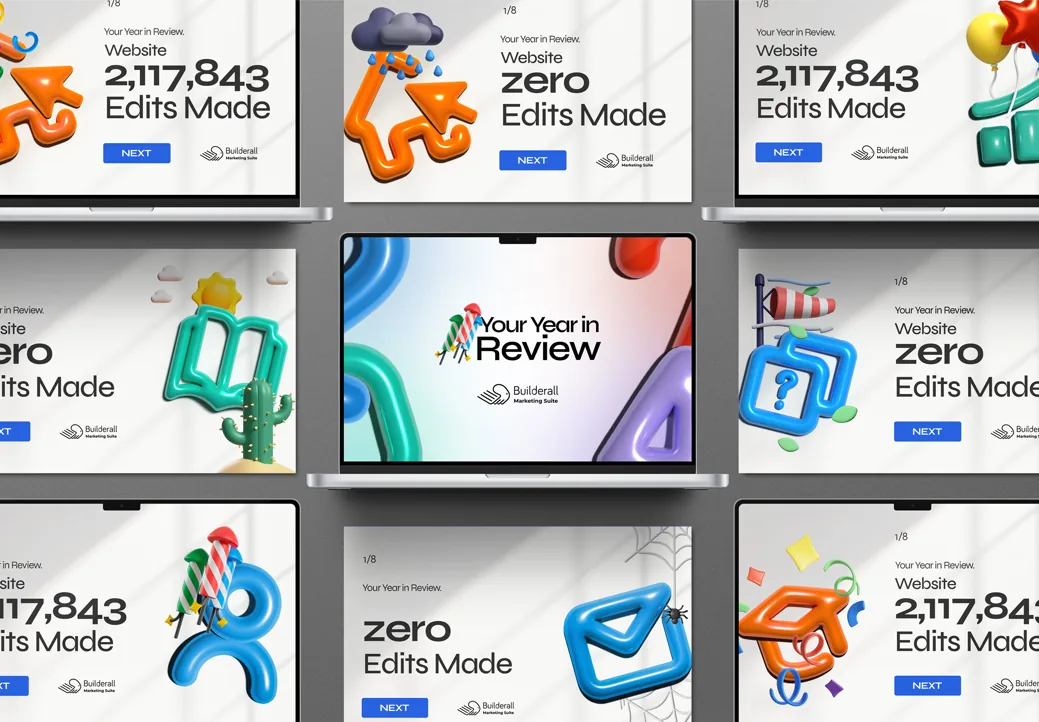 Telas do app “Your Year in Review” com estatísticas de edições e ícones 3D