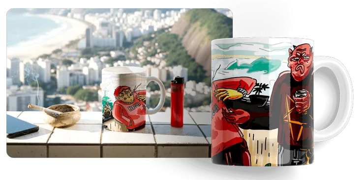 Caneca High no Rio! com um chapado e um diabo, numa varanda de frente para a praia
