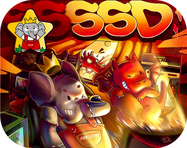 Ilustração SSD Elevado ao Cubo: mascotes elefante da Hiksemi e dragão vermelho num fliperama em chamas