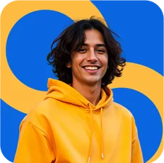 Retrato de persona: jovem de moletom amarelo, fundo azul e amarelo