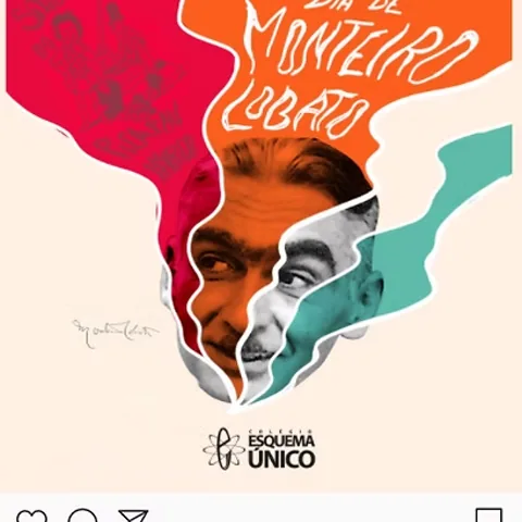 Post “Dia de Monteiro Lobato” do Colégio Esquema Único: retrato em faixas coloridas