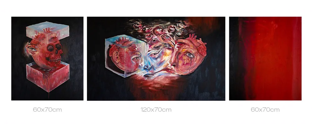 Três pinturas lado a lado: 'Sofrimento' (60x70cm), 'Amar' (120x70cm) e uma tela vermelha (60x70cm)