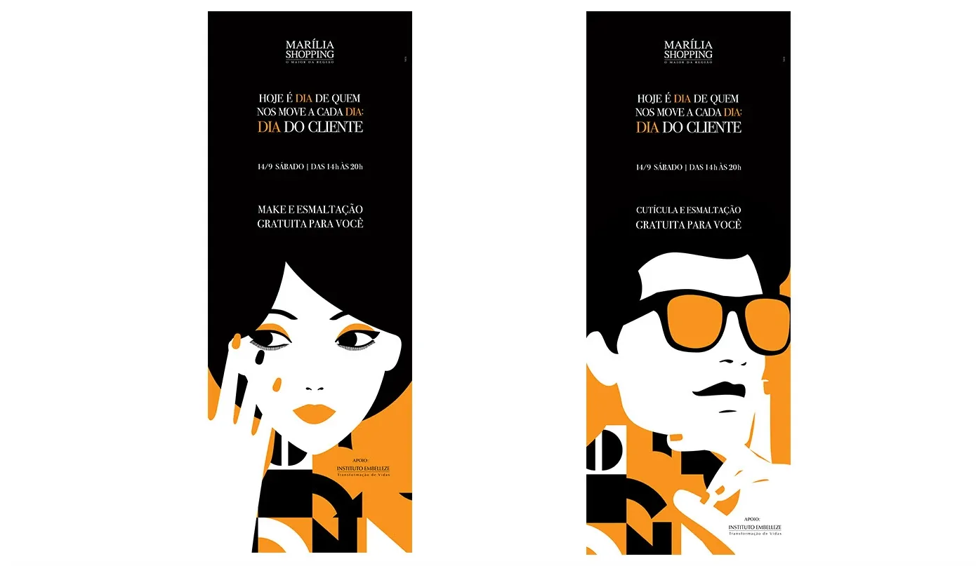 Dois cartazes do 'Dia do Cliente': 'Make e esmaltação' (mulher) e 'Cutícula e esmaltação' (homem)