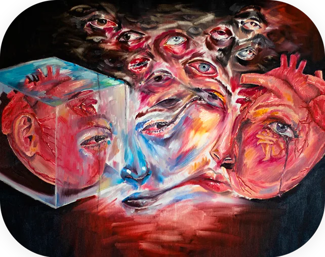 Pintura SAMU CLIMA: rostos fragmentados, muitos olhos, um cubo de vidro e um coração anatômico