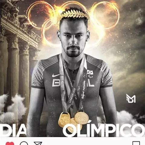 Post “Dia Olímpico”: atleta paralímpico brasileiro com medalhas de ouro e coroa de louros