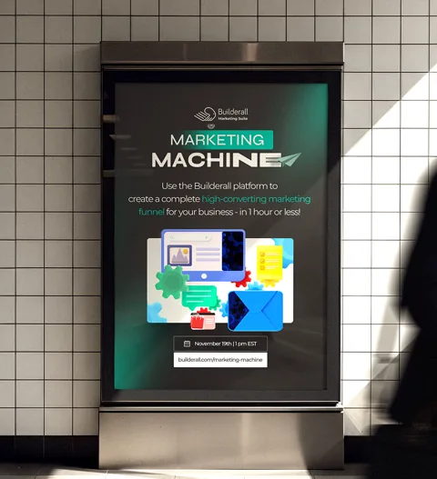 Pôster no metrô do webinar Marketing Machine, 19 de novembro