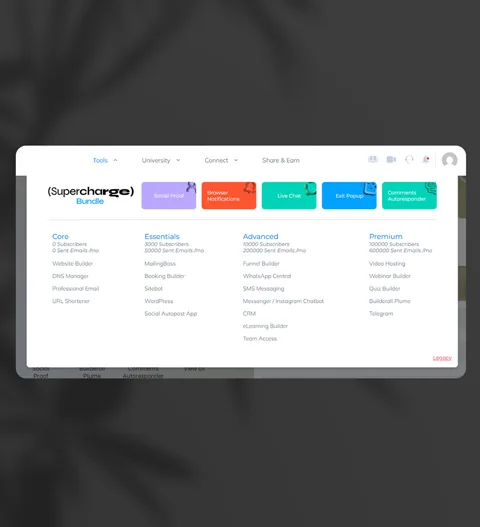 Interface do menu Tools da Builderall com os apps do Supercharge Bundle