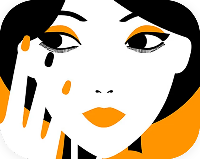 Ilustração Marília Shopping: rosto feminino em preto, branco e laranja, com a mão na bochecha