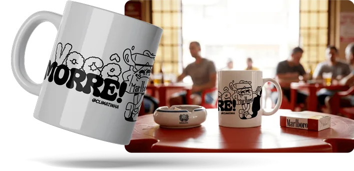 Caneca Você Morre! com um maço de Marlboro em desenho, numa mesa de bar