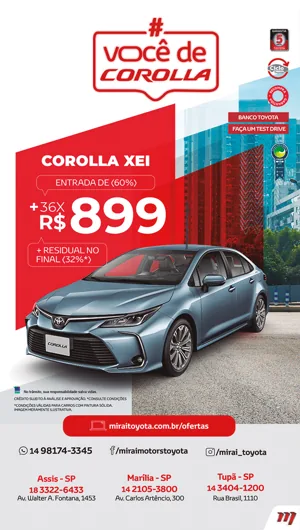 Story “#VocêDeCorolla” da Mirai Toyota: Corolla XEi azul a partir de R$ 899