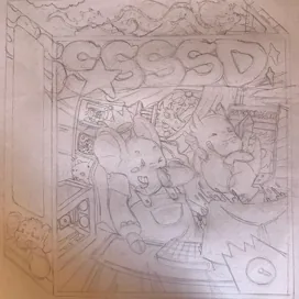 Esboço a lápis do quarto gamer com o título “SSSSD”