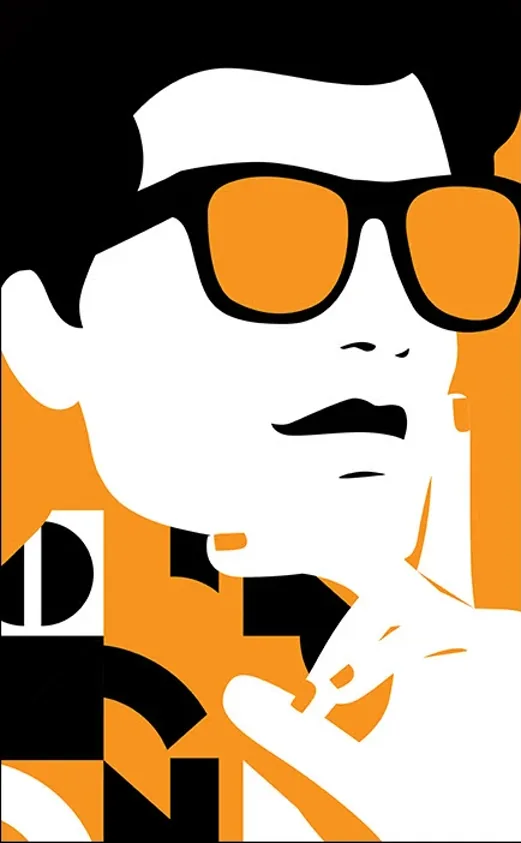 Ilustração chapada de um homem de óculos escuros laranja, com a mão no queixo