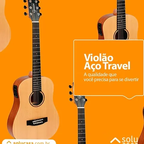 Post da Solucasa: violão Aço Travel sobre fundo laranja
