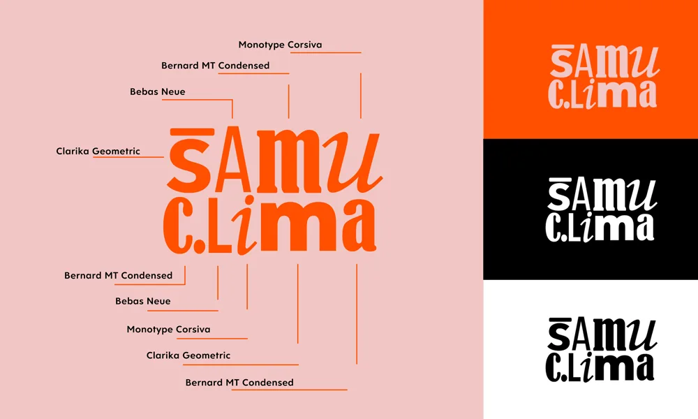 Anatomia do logo Samu Clima: Bebas Neue, Bernard MT Condensed, Clarika Geometric e Monotype Corsiva, com versões de cor