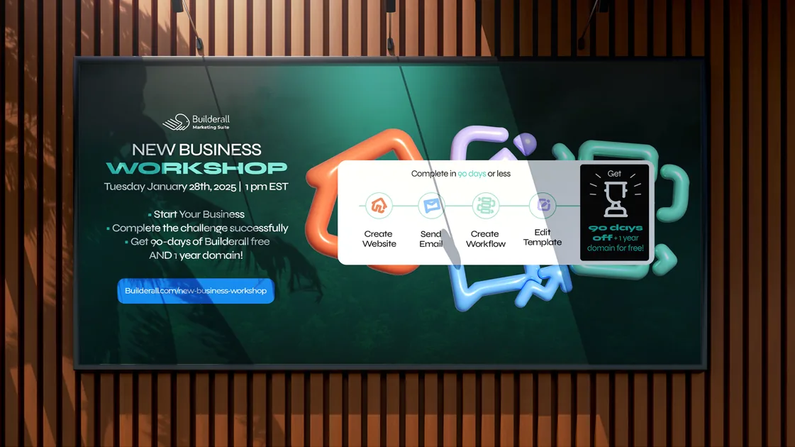 Painel do New Business Workshop: 90 dias de Builderall grátis e domínio por 1 ano