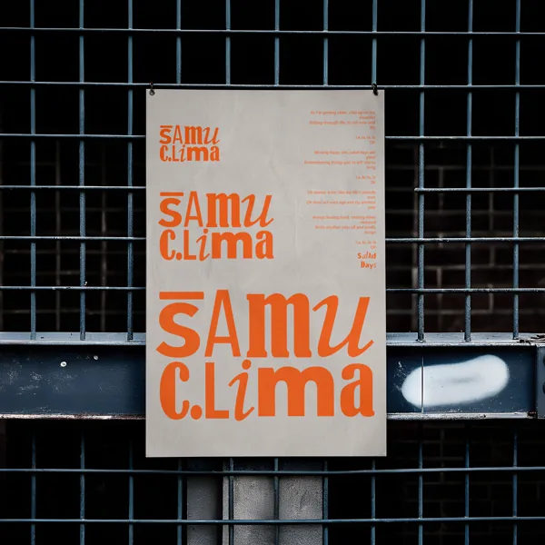 Pôster Samu Clima com o logo em três tamanhos, preso numa grade