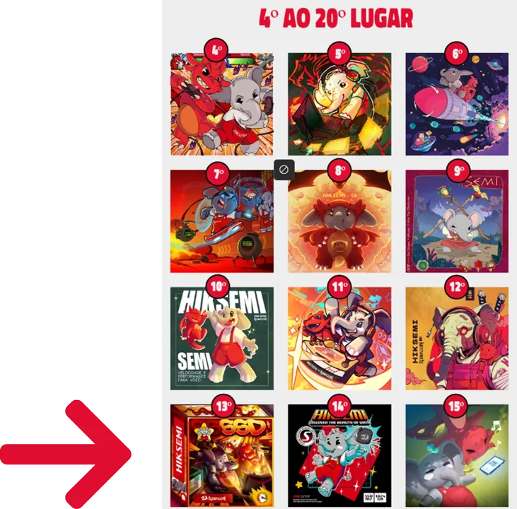 Resultado do Desafio de Arte, do 4º ao 20º lugar: seta aponta esta arte em 13º; abre a página da premiação
