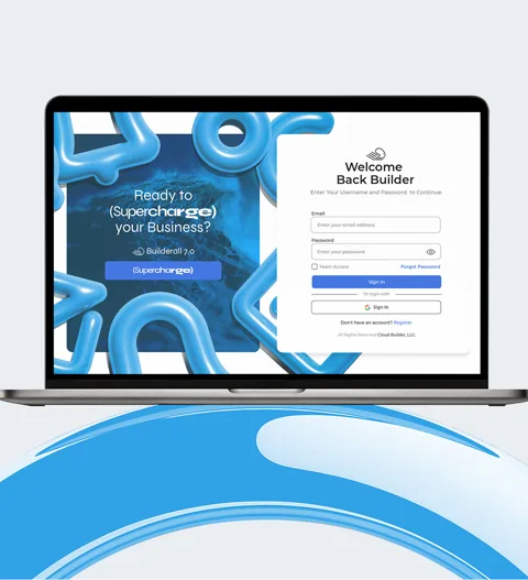 Notebook com a tela de login da Builderall e arte Supercharge