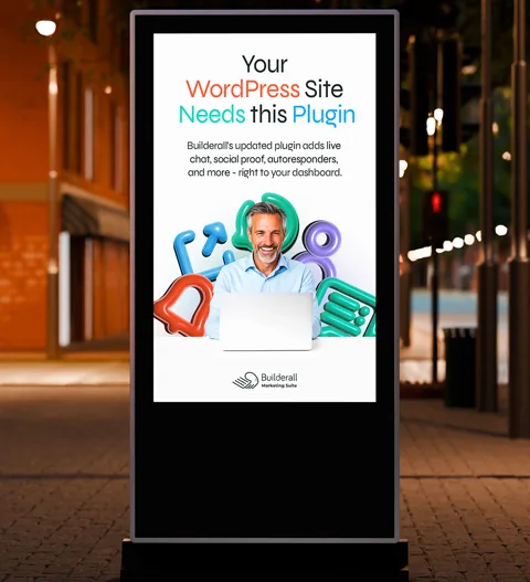 Totem de rua: “Your WordPress Site Needs this Plugin”, homem sorrindo ao notebook