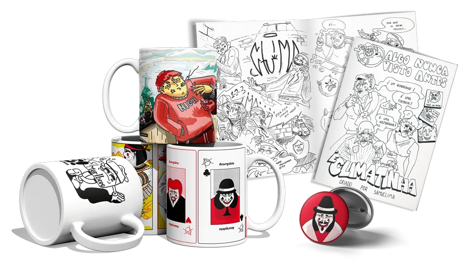 Kit Inferno Cotidiano: canecas, broche do anarquista e o quadrinho “É Climatinha”