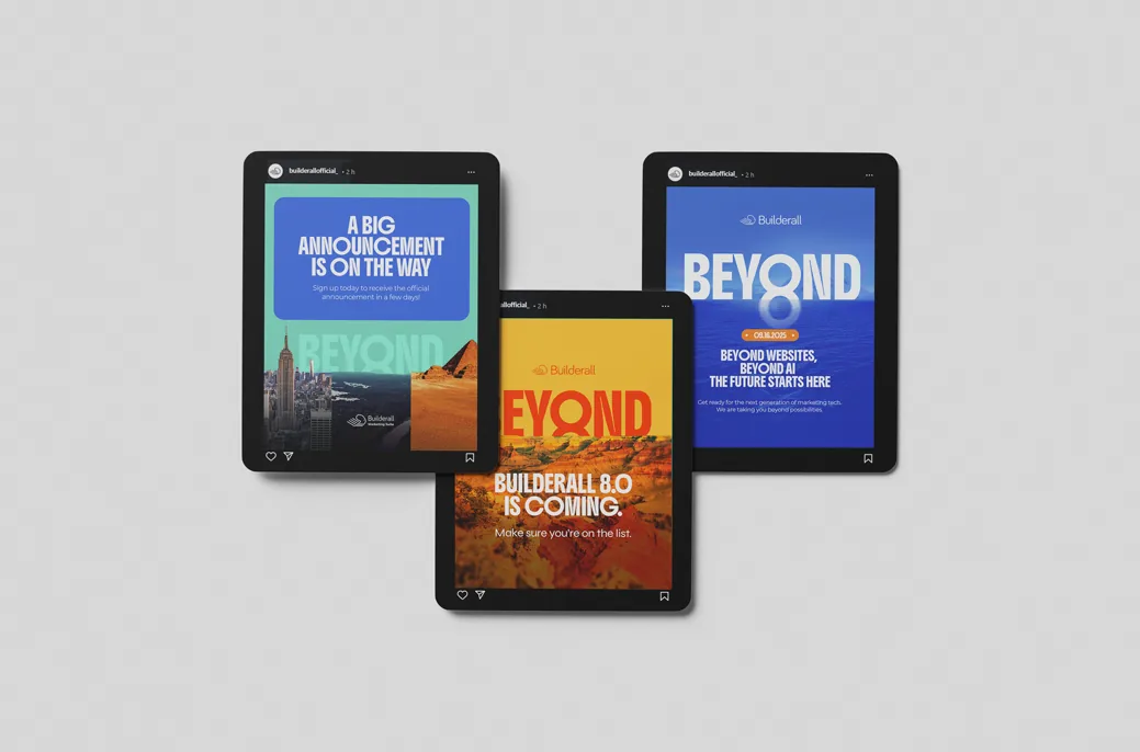 Três posts de Instagram anunciando o BEYOND: “Builderall 8.0 is coming”
