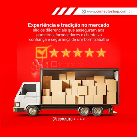 Post da Comauto Shop: caminhão cheio de caixas e avaliação de cinco estrelas