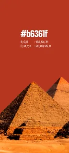 Cartão de paleta: vermelho-tijolo #b6361f sobre as pirâmides de Gizé