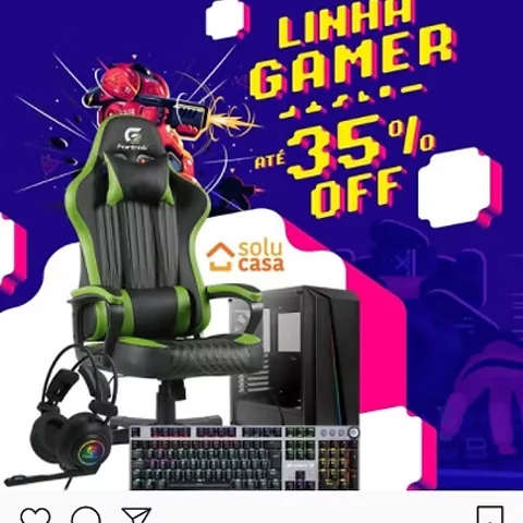 Post “Linha Gamer” da Solucasa: cadeira gamer, PC e teclado com até 35% off