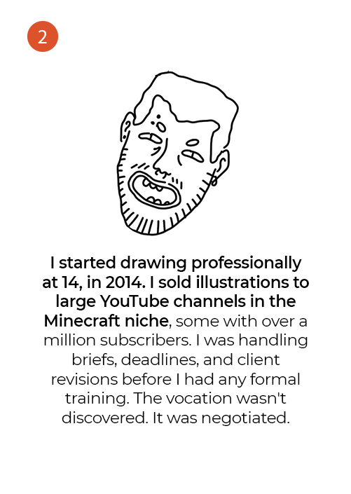 About me, 2 of 11: self-portrait sketch, drawing professionally since 2014